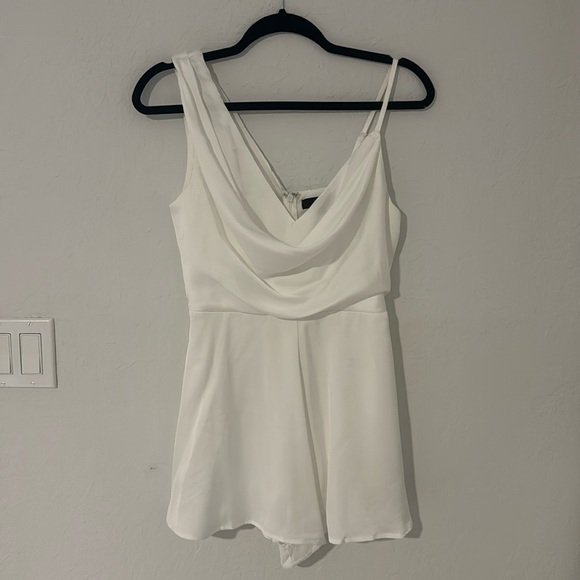 Lulus Likely Lover Ivory Satin Asymmetrical Cowl Neck Romper - Picture 3 of 5